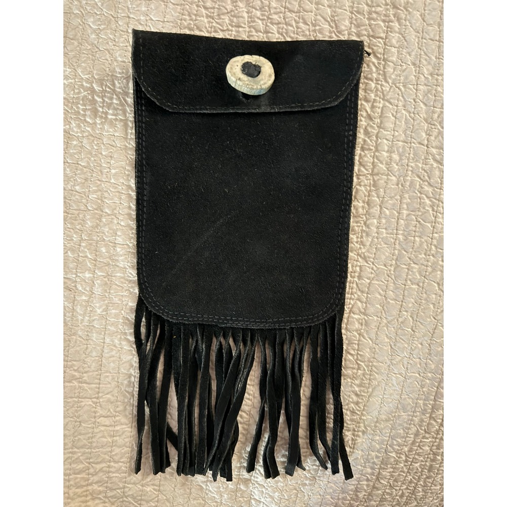 Black Suede Leather Fringe Belt Pouch Western Boho Festival Antler Style